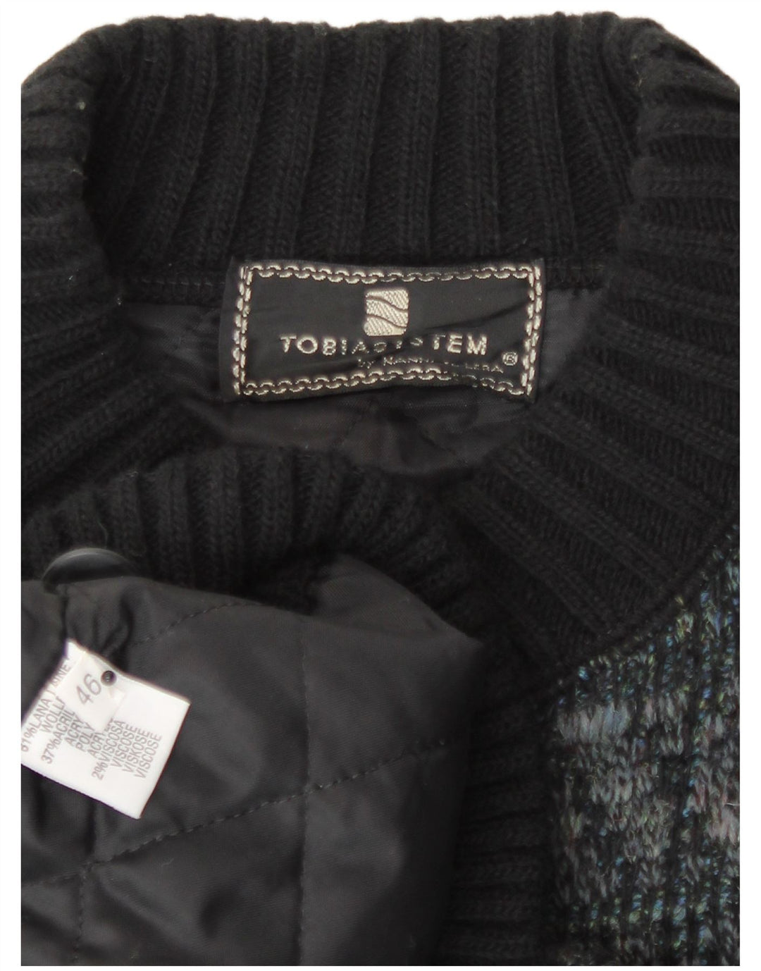 Tobia System Herre Strik Bomber Jacket EU 46 Small Navy Blue Check Wool Retro