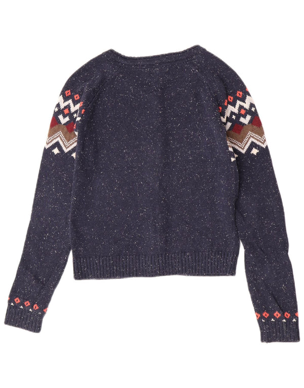Fat Face Dame Cardigan Sweater UK 8 Small Navy Blue Fair Isle Cotton
