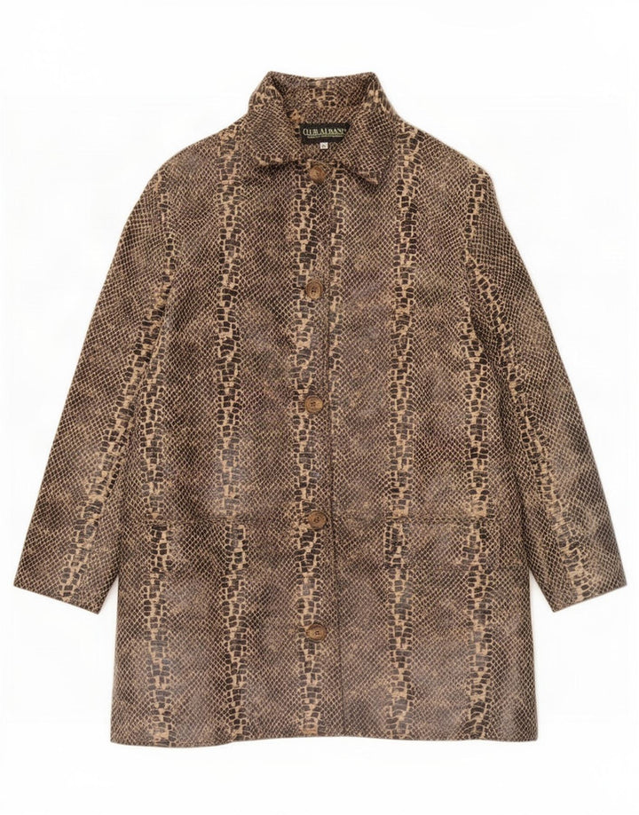 Vintage kvinders overdimensioneret læderfrakke UK 14 Medium Brown Animal Print