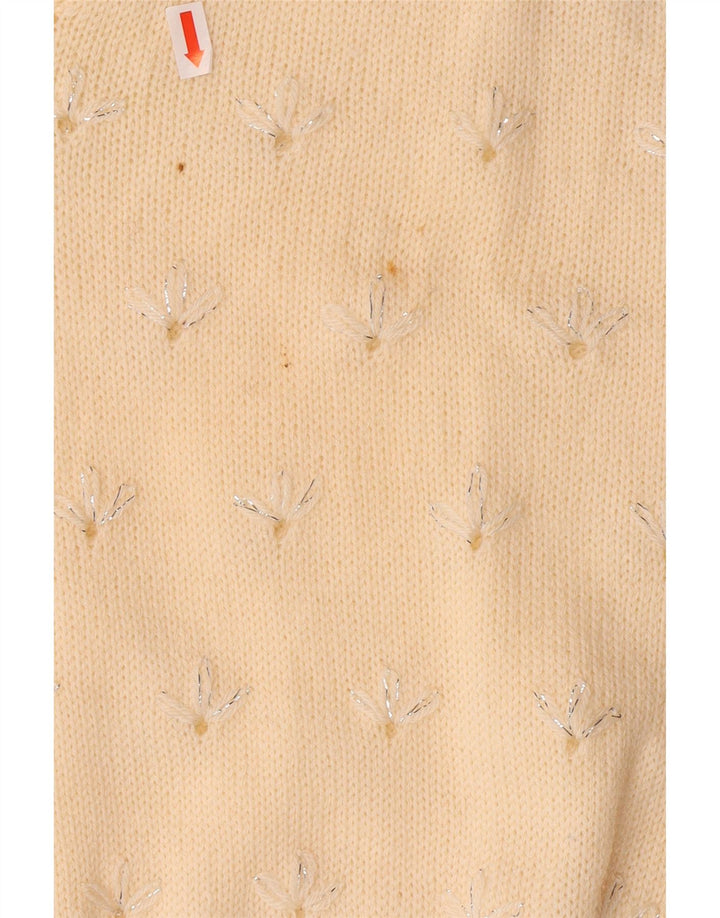 VINTAGE Dame V-hals sweater UK 14 Medium Off White Floral