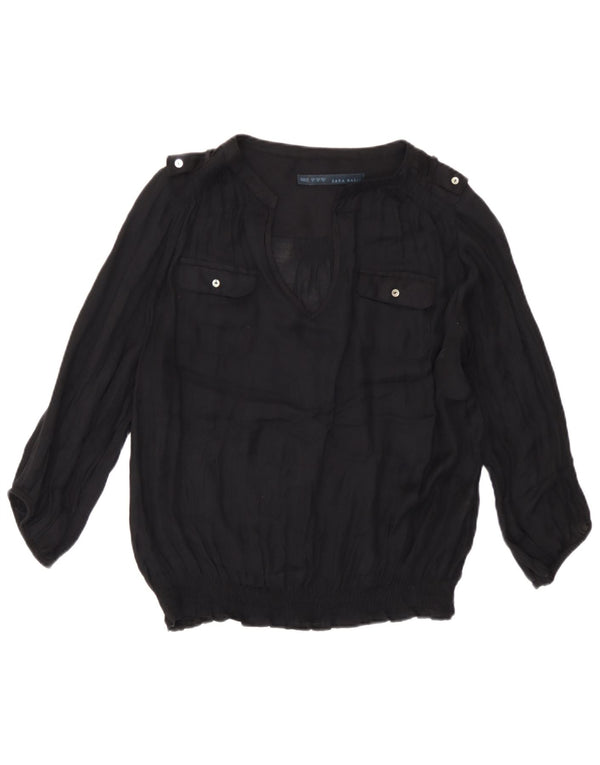 Zara Womens Military 3/4-ærmet bluse Top UK 12 Medium Black