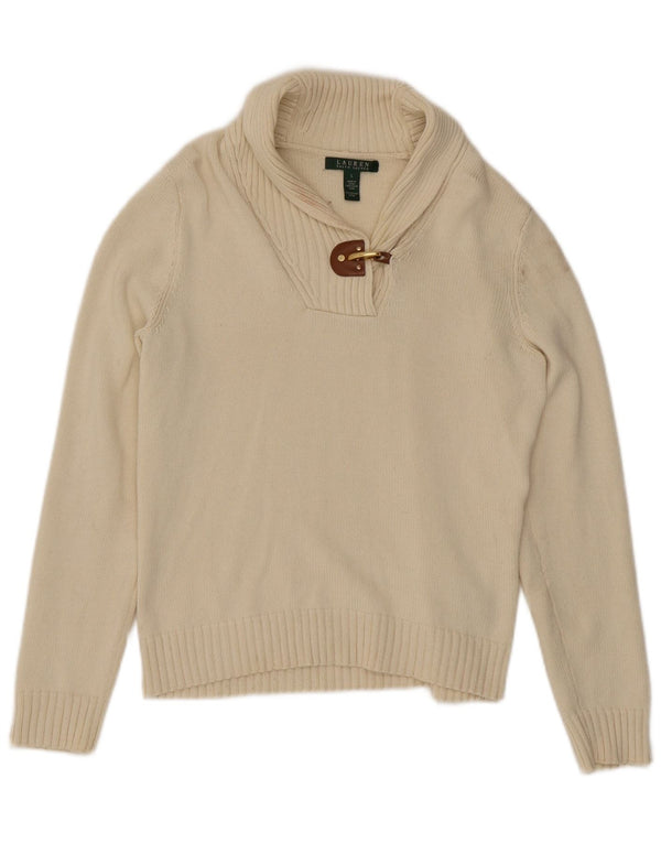 Ralph Lauren Dame Shawl Neck Jumper Sweater UK 14 Stor Beige Bomuld