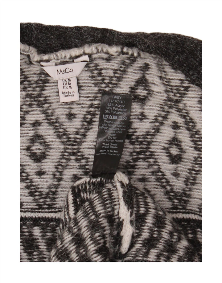 M&CO Womens Open Cardigan Sweater UK 14 Medium Grey Argyle/Diamond Acryl
