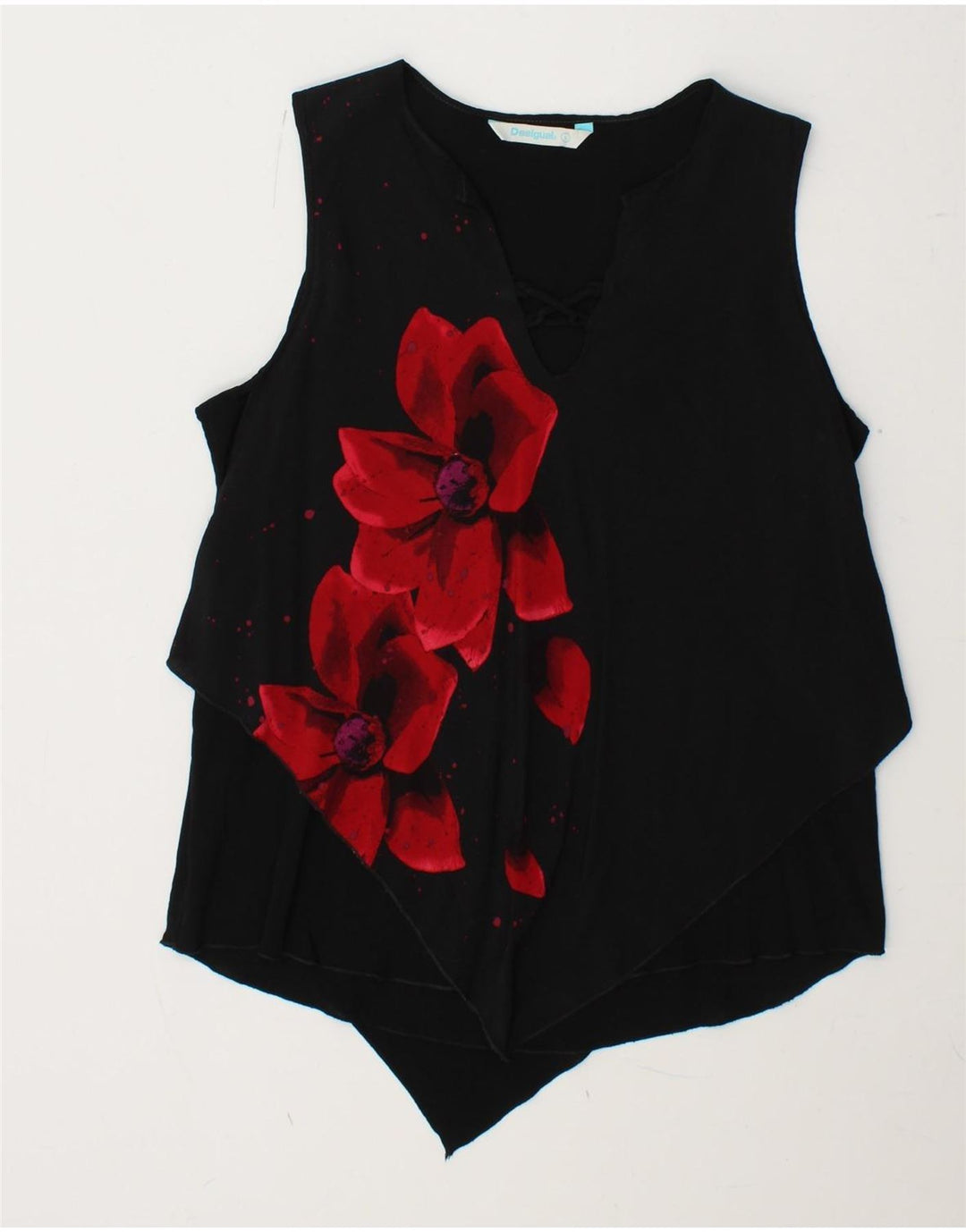 DESIGUAL Dame ærmeløs bluse Top UK 14 Large Black Floral