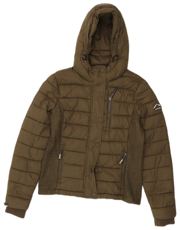 SUPERDRY Polstret hættejakke til kvinder UK 16 Stor Khaki Nylon
