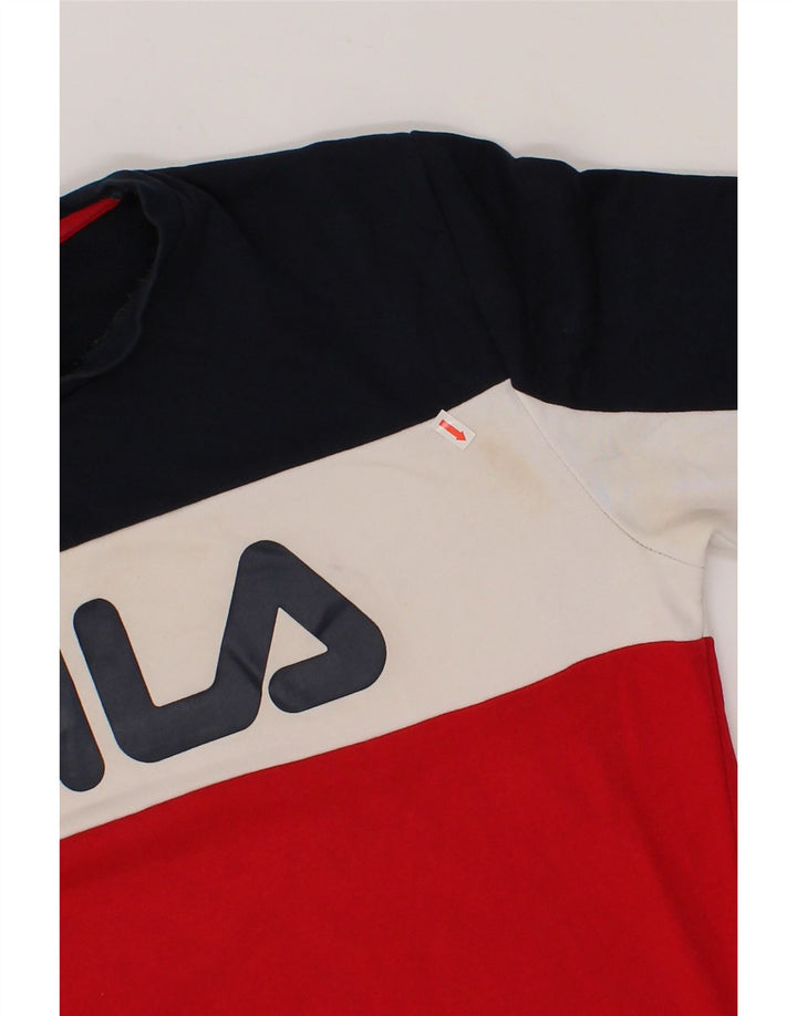 FILA Mens Graphic Sweatshirt Jumper Small Multicoloured Colourblock Cotton Vintage Fila and Second-Hand Fila from Messina Hembry 