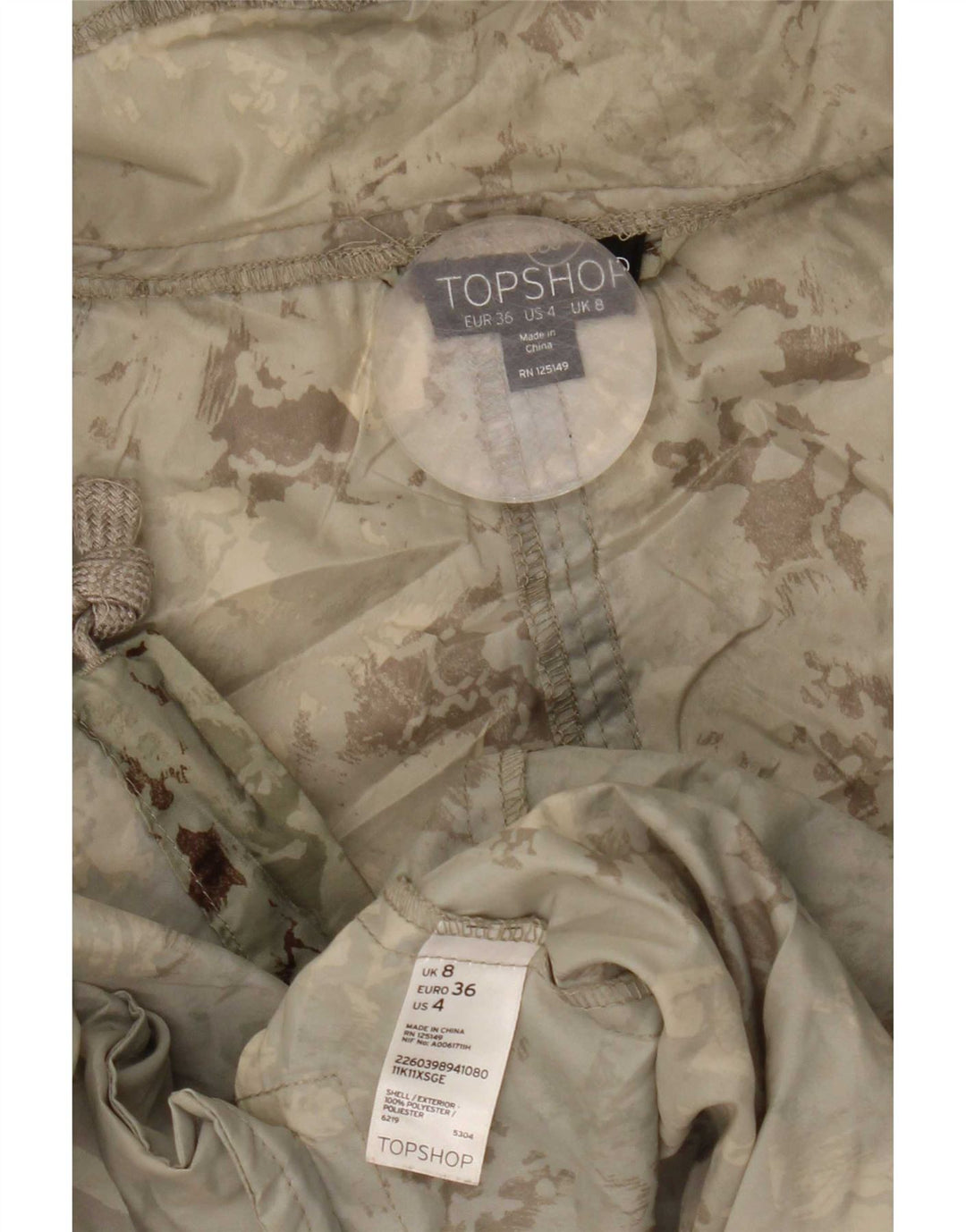 Topshop Dame Hooded Parka Jacket UK 8 Small Green Camouflage Polyester
