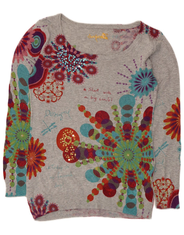 Desigual Dame Grafisk Boat Neck Jumper Sweater UK 10 Small Grey Floral