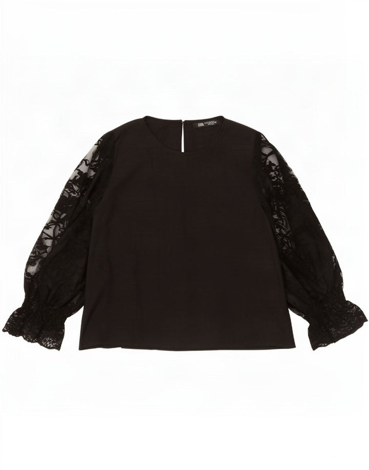Zara Dame Langærmet Bluse Top UK 14 Medium Sort Polyester