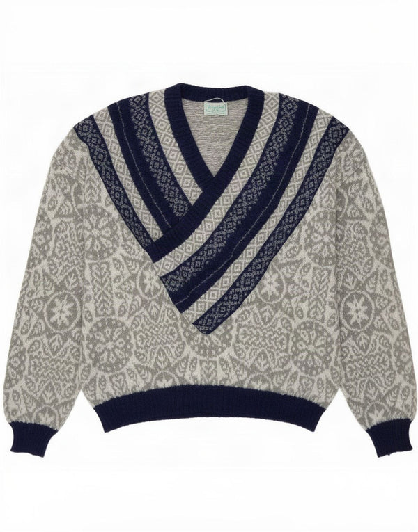 Benetton Dame V-hals sweater UK 18 XL Grå Geometrisk