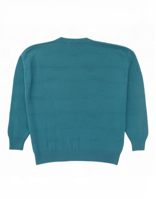 Vintage Herre V-hals Jumper Sweater UK 46 XL Blå Geometrisk Akryl