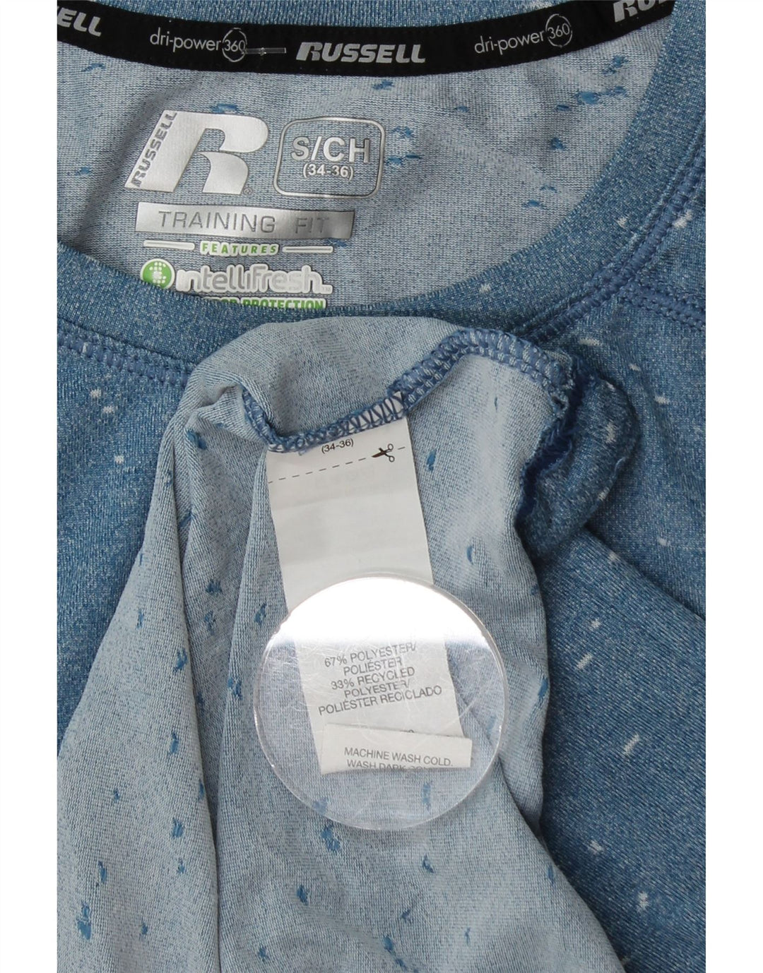 RUSSELL ATHLETIC Herre Dri-Power T-Shirt Top Lille Blå Flecked Polyester