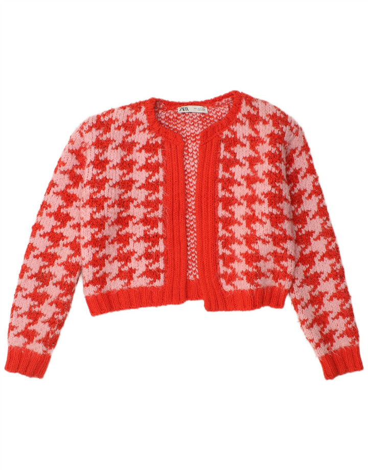 Zara Womens Crop Oversized cardigan sweater UK 10 Small Red Houndstooth