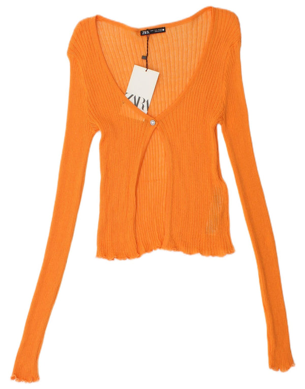 Zara Dame Se Through Crop Cardigan Sweater UK 10 Small Orange Viscose