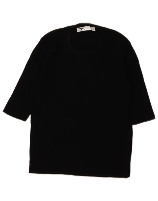 Zara Womens Crop Kortærmet Jumper Sweater med rund hals UK 8 Small Black