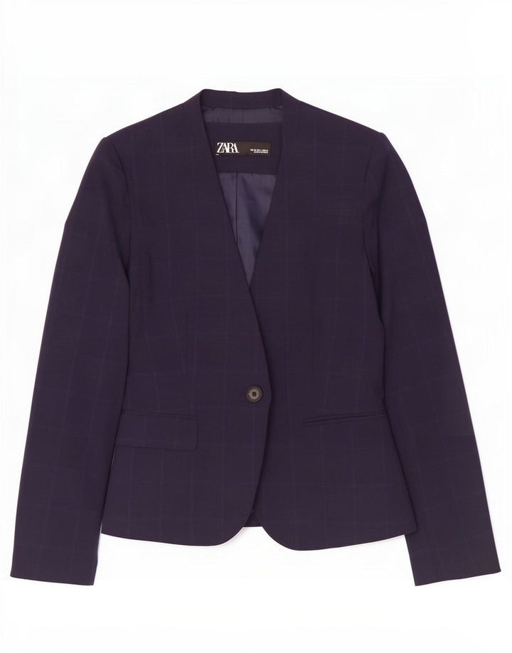 Zara Dame 1-knap blazerjakke EU 38 Small Navy Blue Check