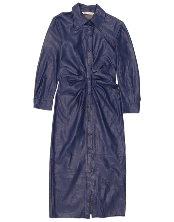 Zara Dame skjortekjole i imiteret læder UK 10 Small Navy Blue Polyester