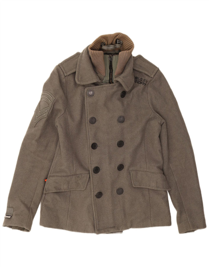 Superdry Men Pea Coat UK 40 Large Grey Wool