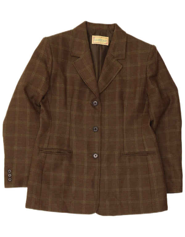 Elizabeth Ascot Womens 3 Button Blazer Jacket US 18 2XL Khaki Plaid Wool