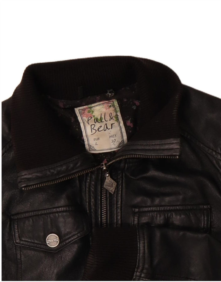 Pull & Bear Dame Læderjakke UK 14 Stor Sort Læder