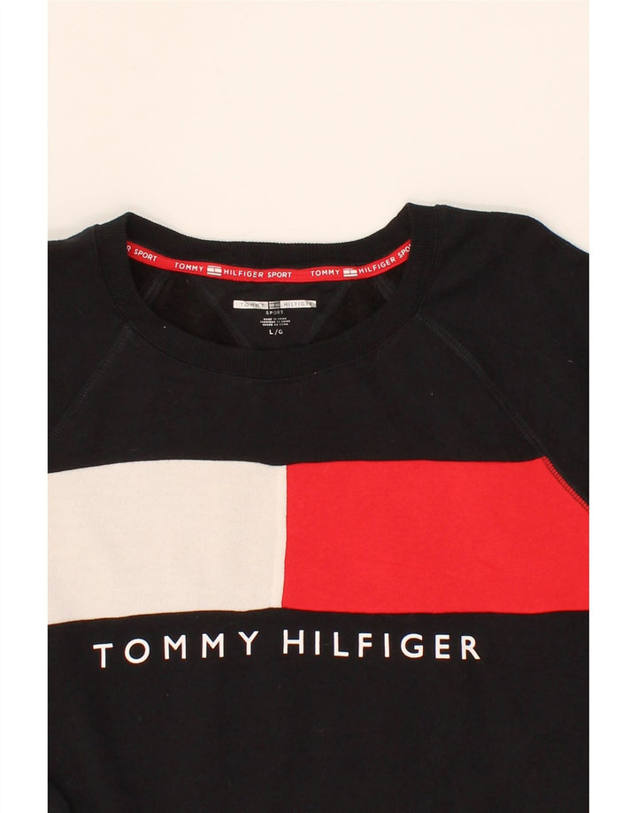TOMMY HILFIGER Womens Sweatshirt Jumper UK 16 Large Black Colourblock Vintage Tommy Hilfiger and Second-Hand Tommy Hilfiger from Messina Hembry 