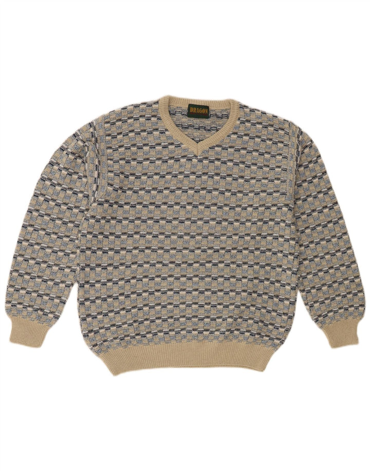 Vintage Herre V-hals sweater IT 48 Medium Beige Geometrisk Bomuld