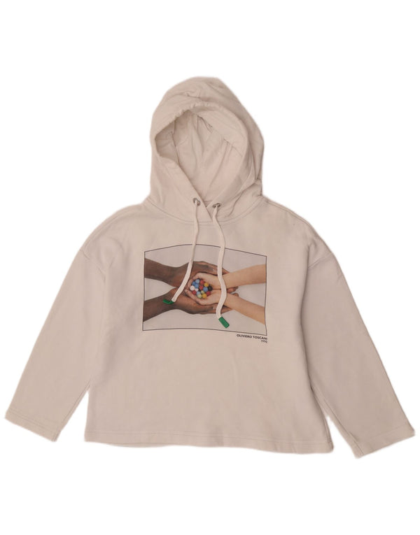 Benetton Dame Grafisk Oversized Hoodie Jumper UK 10 Small White Bomuld