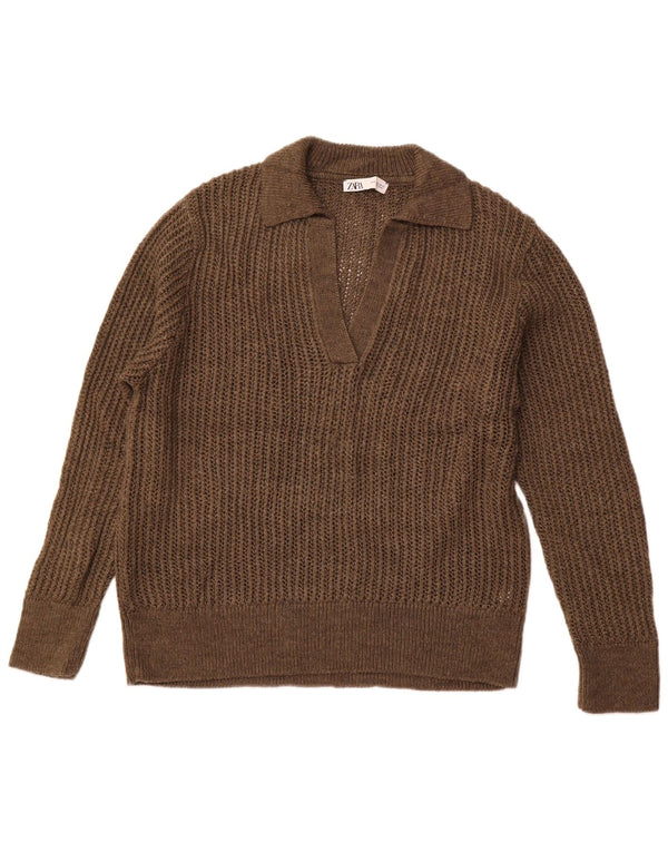 ZARA Dame Polo Neck Jumper Sweater UK 18 XL Brun Akryl