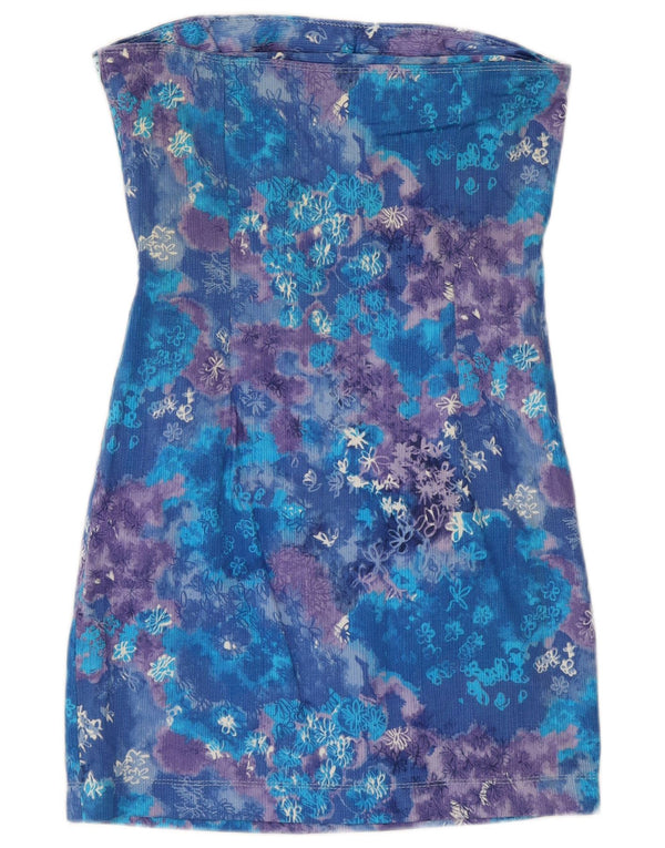 Vintage Dame Stropløs Kjole UK 10 Small Blue Floral Festival