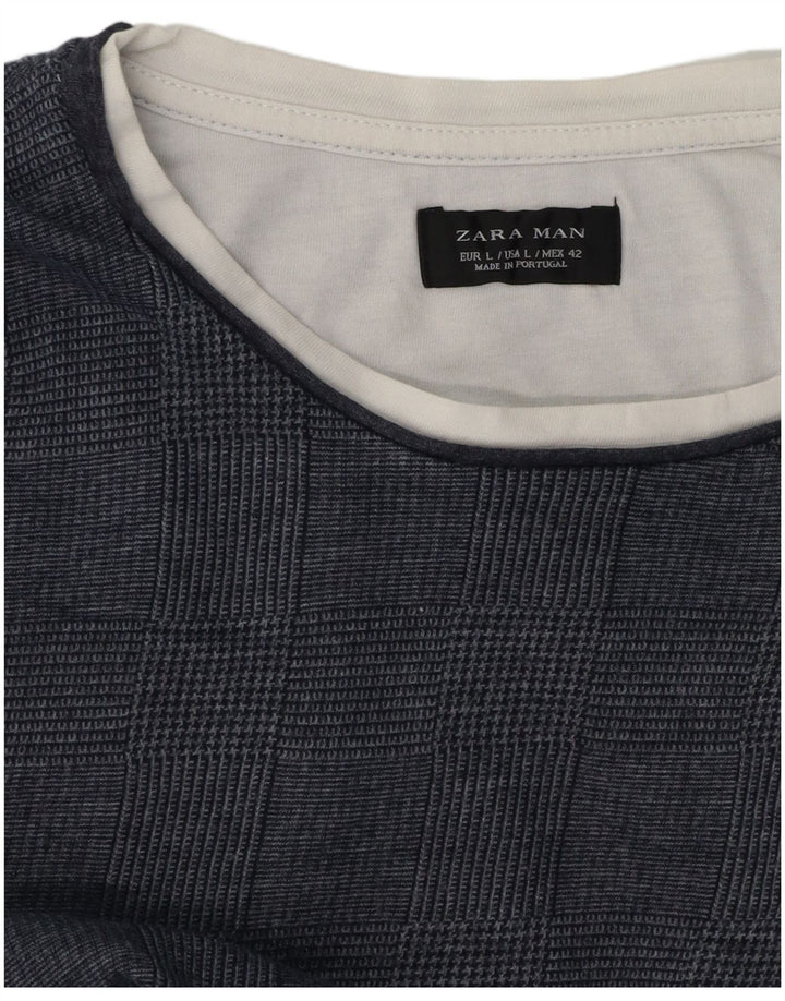 Zara Herre Top Langærmet Stor Marineblå Houndstooth