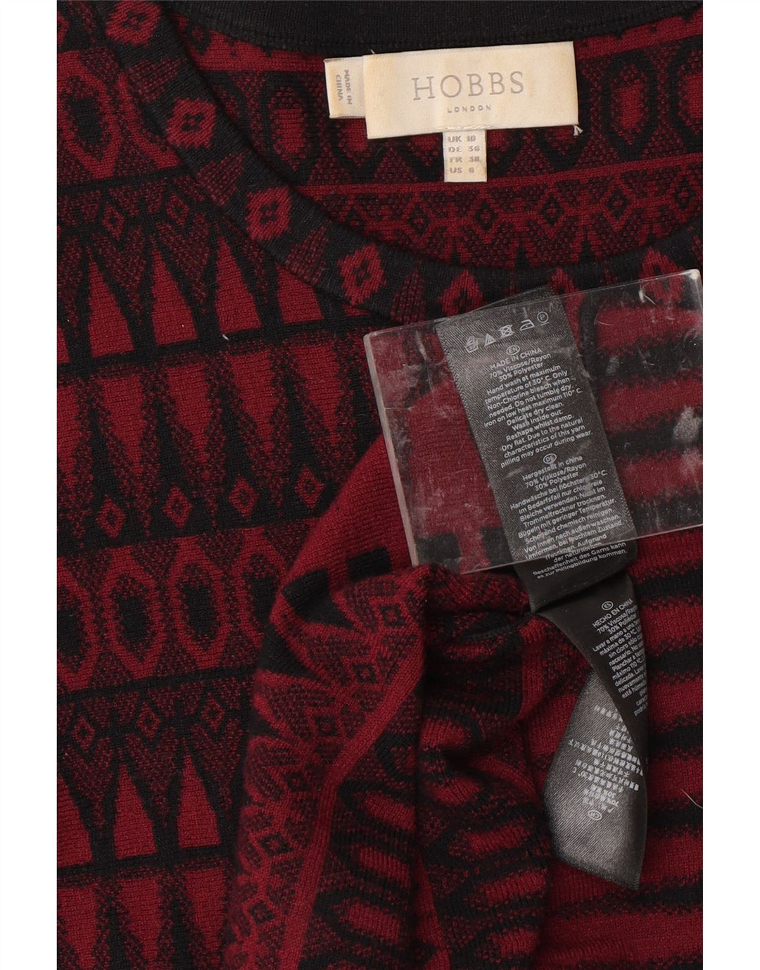 HOBBS Dame 3/4-ærmet Jumper Dress UK 10 Small Red Geometric Viscose