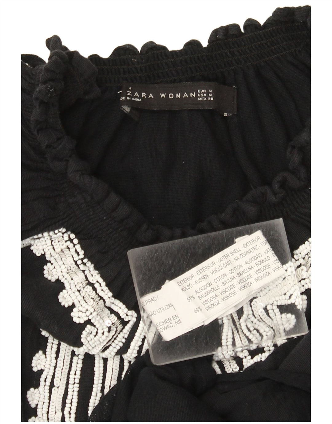 Zara Dame Bluse Top UK 12 Medium Sort Bomuld