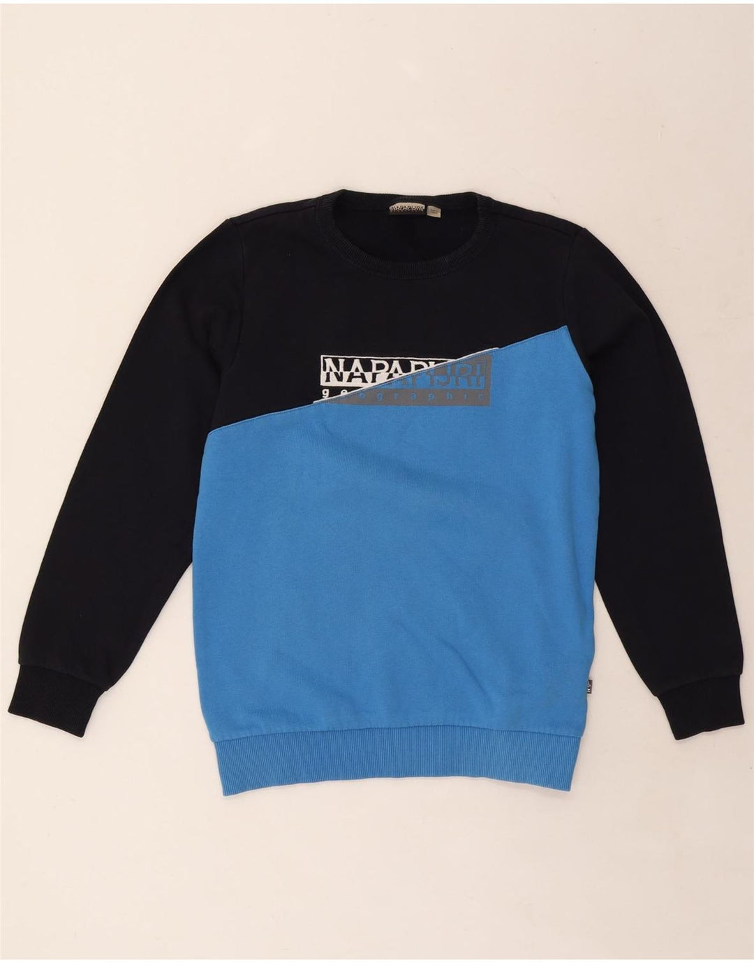 NAPAPIJRI Boys Graphic Sweatshirt Jumper 13-14 Years Navy Blue Colourblock Vintage Napapijri and Second-Hand Napapijri from Messina Hembry 
