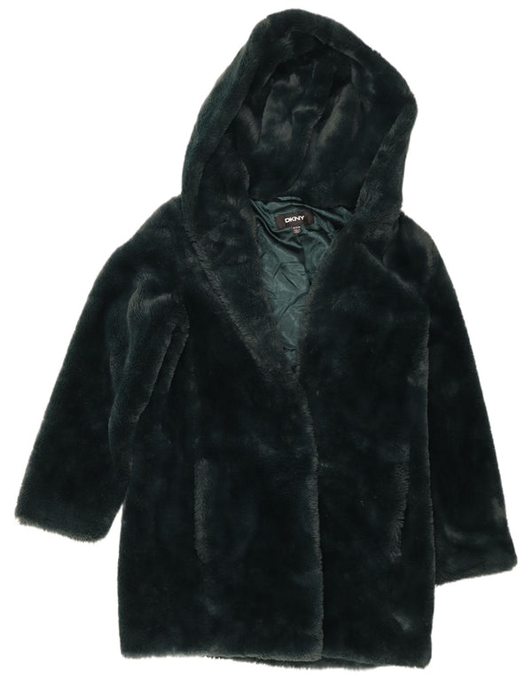 Dkny Dame Oversized Hætte i imiteret Pels Overfrakke UK 6 XS Grøn Polyester