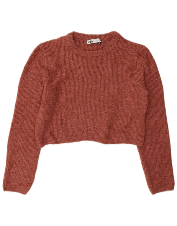 Zara Womens Crop Crew Neck Jumper Sweater UK 12 Medium Brown Acrylic