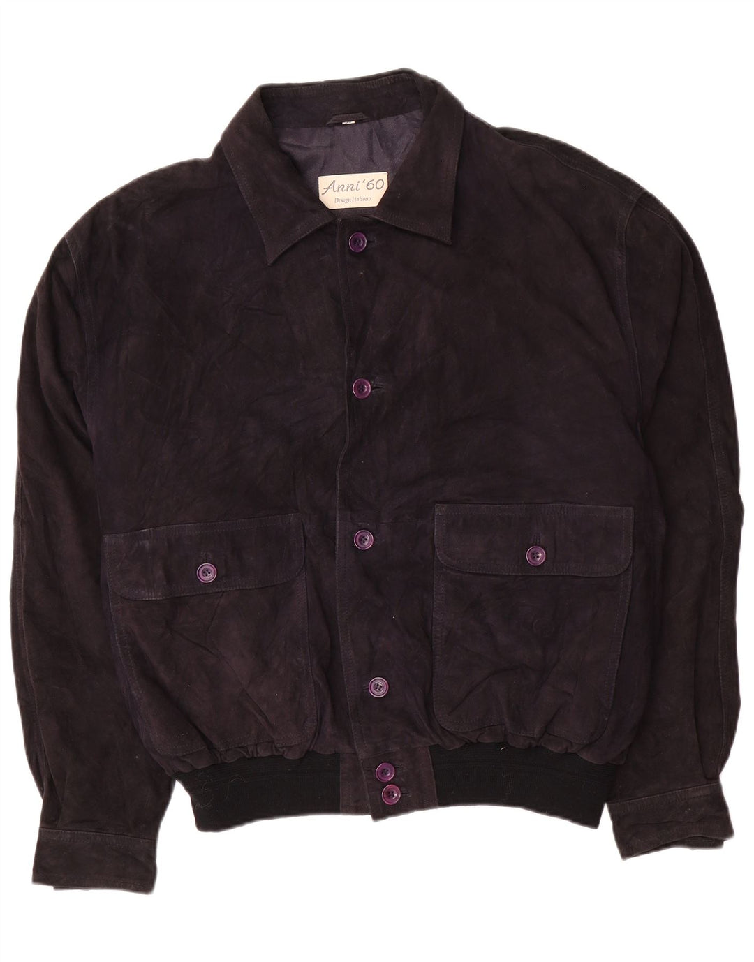 Vintage herre ruskind bomberjakke IT 58 4XL marineblåt læder