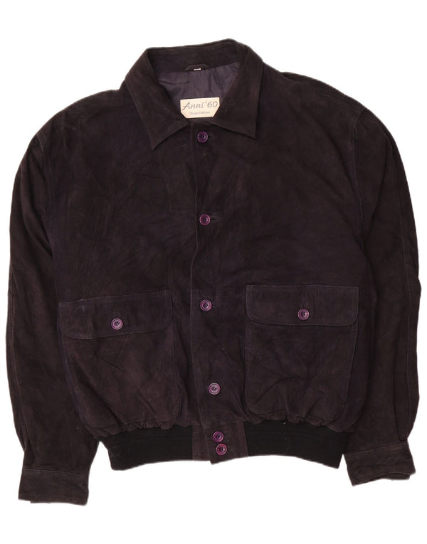 Vintage herre ruskind bomberjakke IT 58 4XL marineblåt læder