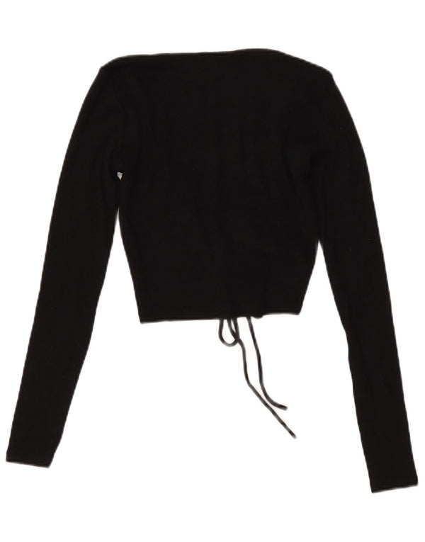 Zara Womens Crop Front Tie Top Langærmet UK 12 Medium Black Bomuld