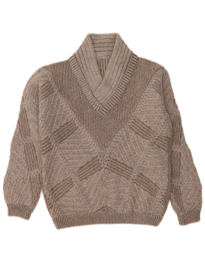 Vintage Dame V-hals sweater UK 14 Medium Grå Geometrisk