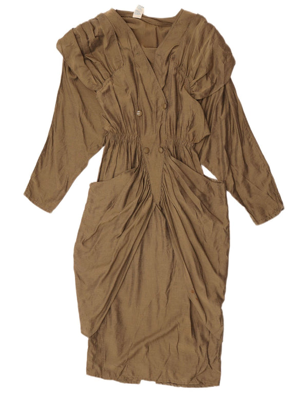 Vintage Dame Langærmet Skede Kjole UK 12 Medium Khaki Viscose