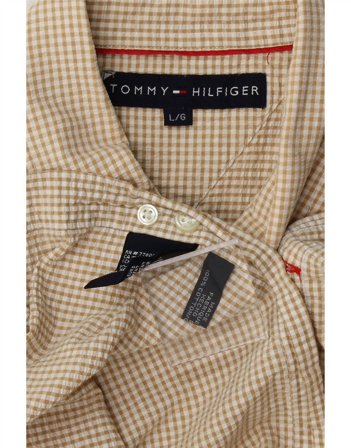 TOMMY HILFIGER Mens Short Sleeve Shirt Large Beige Gingham Cotton Vintage Tommy Hilfiger and Second-Hand Tommy Hilfiger from Messina Hembry 