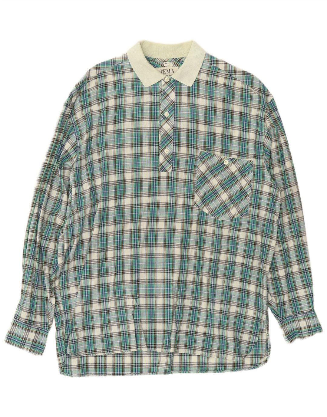 Vintage herre pullover skjorte mellemgrøn ternet bomuld
