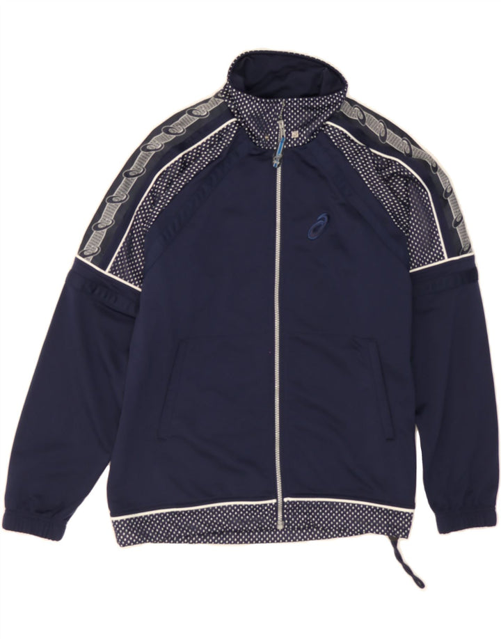 ASICS Mens Graphic Tracksuit Top Jacket XS Navy Blue Polyester Vintage Asics and Second-Hand Asics from Messina Hembry 