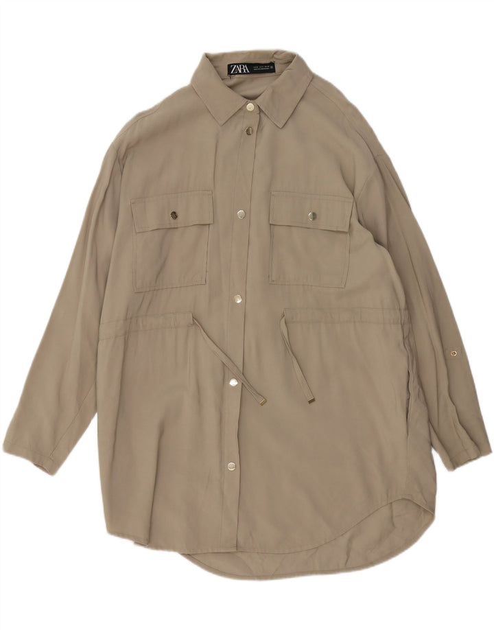 Zara Kvinders Oversized Skjortekjole UK 14 Medium Beige Viscose