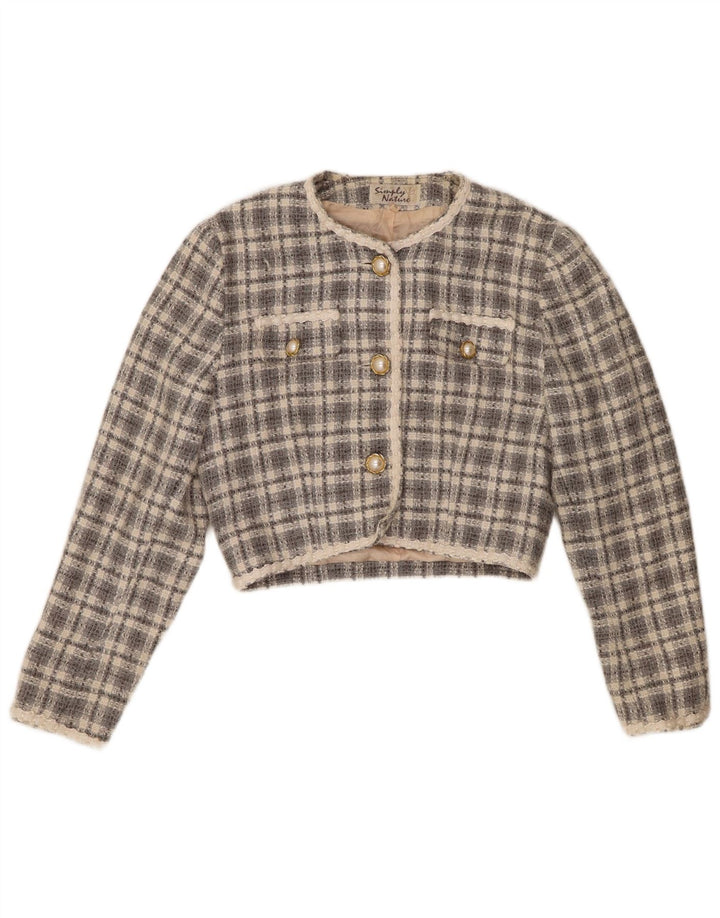 Vintage kvinders 3-knaps Bolero-jakke EU 36 Lille grå ternet akryl