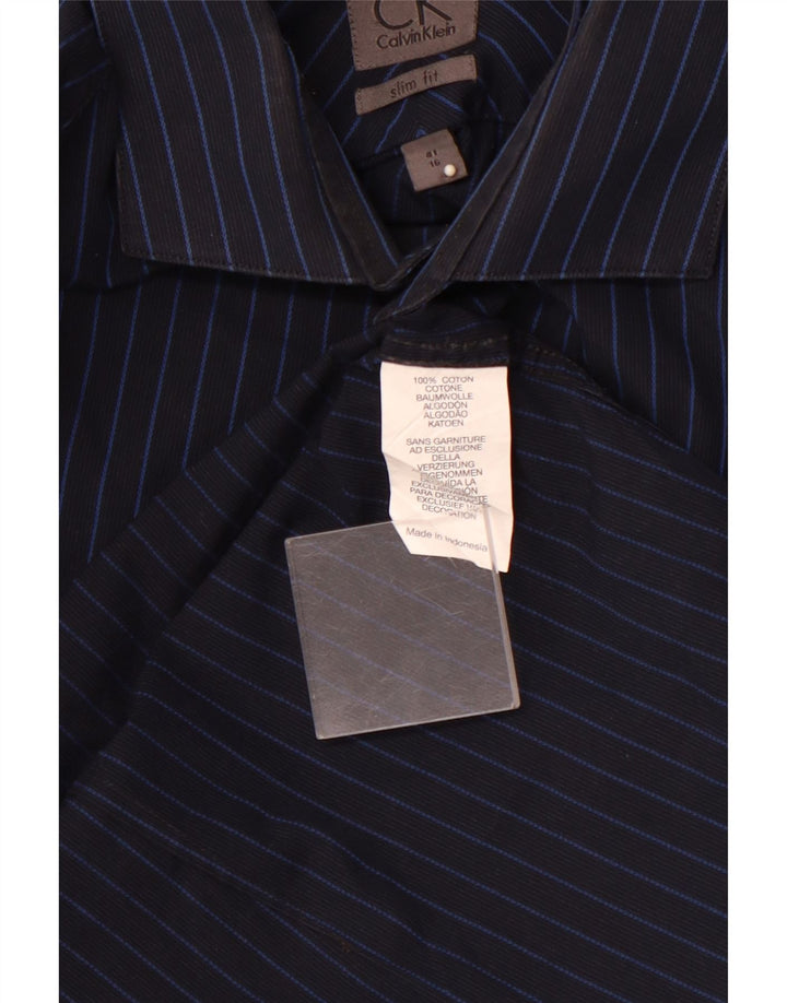 CALVIN KLEIN Herre Slim Fit skjorte str. 16 41 Stor marineblå stribet bomuld