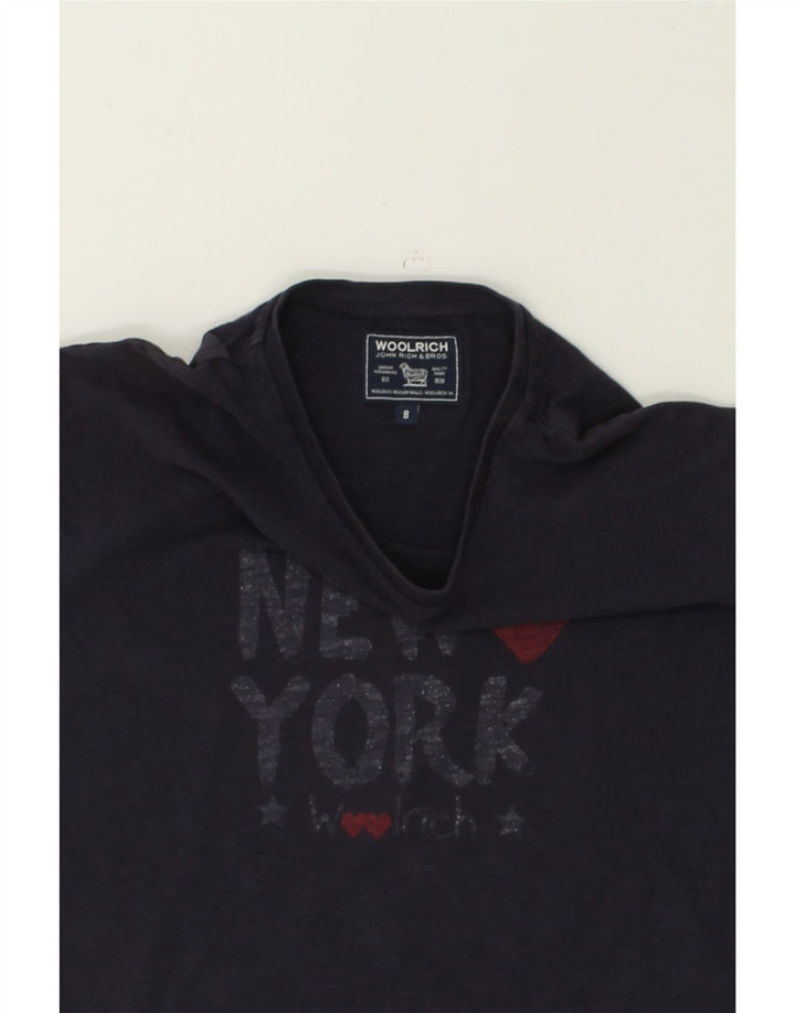 WOOLRICH Girls Graphic T-Shirt Top 7-8 Years Navy Blue Cotton | Vintage Woolrich | Thrift | Second-Hand Woolrich | Used Clothing | Messina Hembry 