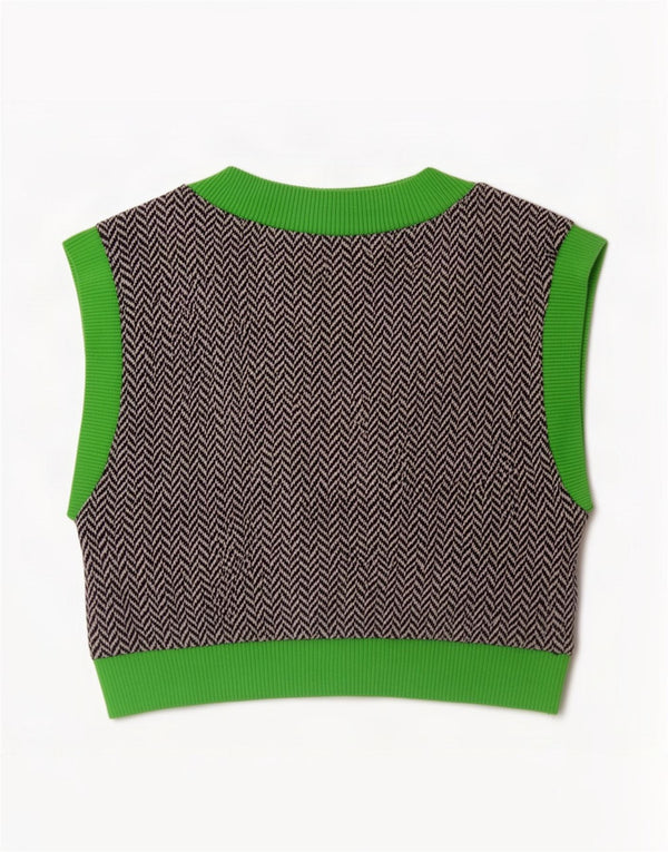 Zara Womens Crop Vest Tank Top UK 12 Medium Green Herringbone Cotton
