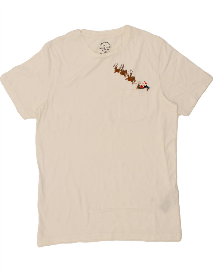 JACK & JONES Mens Graphic T-Shirt Top Medium White Vintage Jack & Jones and Second-Hand Jack & Jones from Messina Hembry 