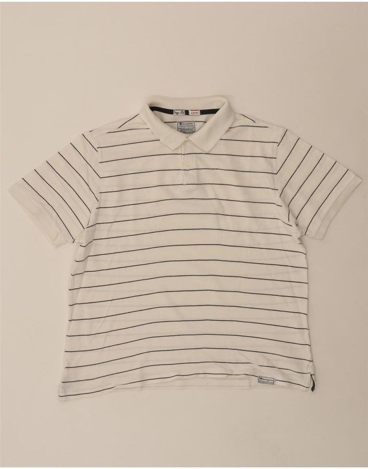 CHAMPION Mens Polo Shirt Large White Striped Vintage Champion and Second-Hand Champion from Messina Hembry 